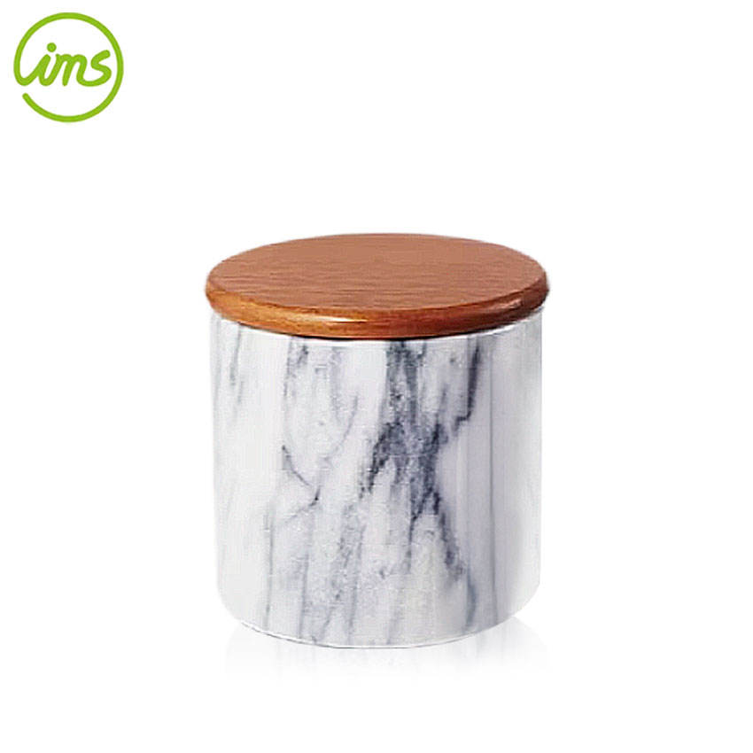 5x5 inch eco-friendly white marble ceramic storage jar with wooden lid